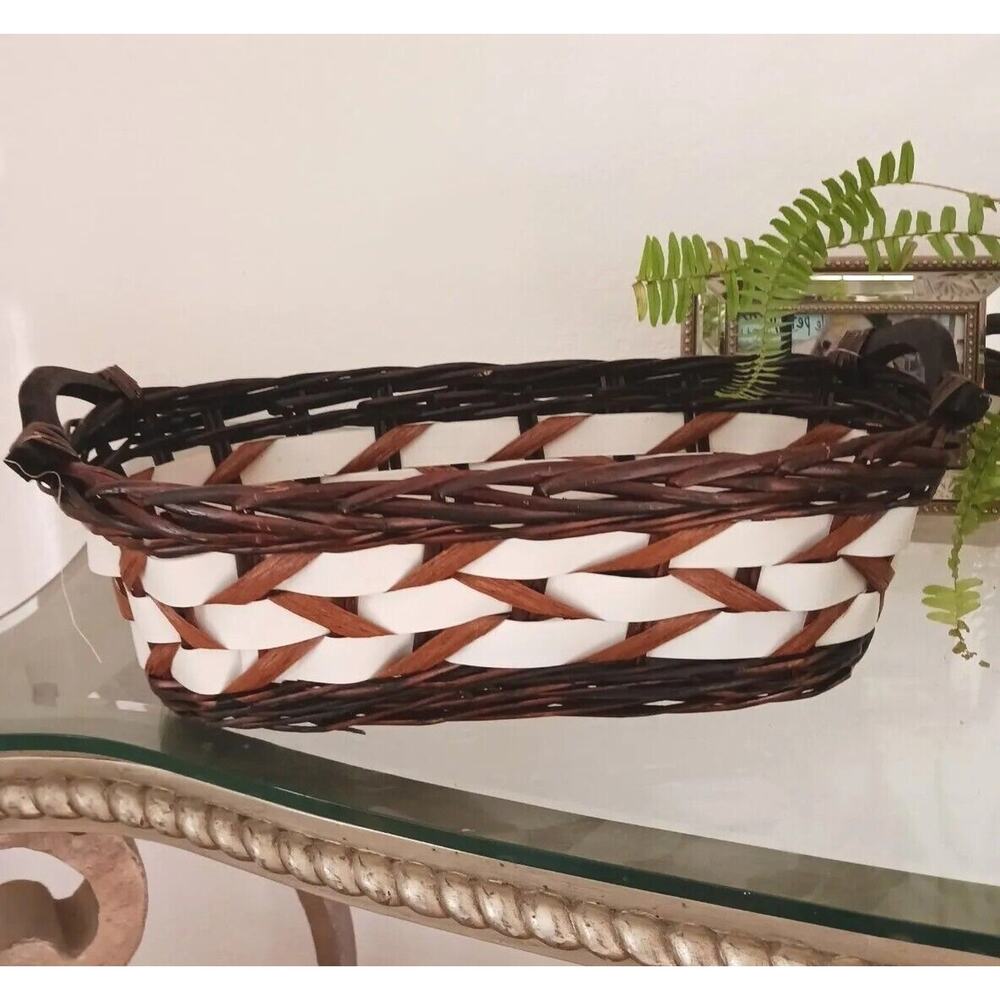 Long Roll Bread Basket Weaved Wicker 17" BROWN WHITE Key Drop Coastal